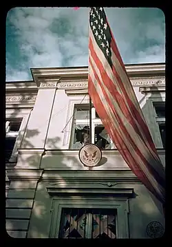 An American flag on the U.S. embassy in Warsaw during a German air raid in September 1939.