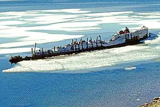 The wreck of Maud near Cambridge Bay, on the south coast of Victoria Island in Nunavut, Canada in 1998.