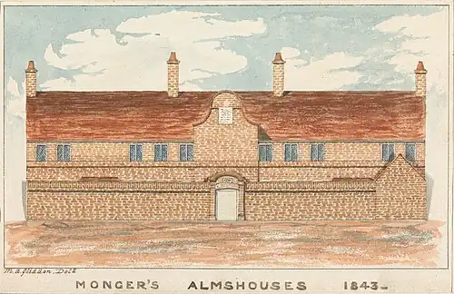 Monger's Almshouse, watercolor with pen and brown ink over traces of graphite, 1843