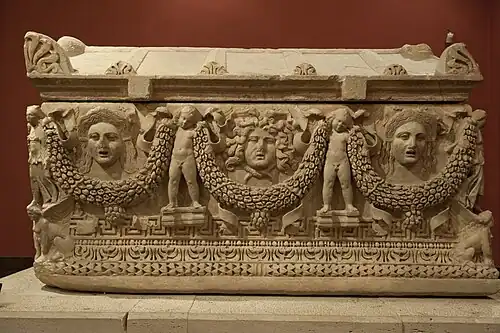 Roman mascarons on a sarcophagus, 2nd century, stone, Antalya Museum, Konyaaltı, Turkey