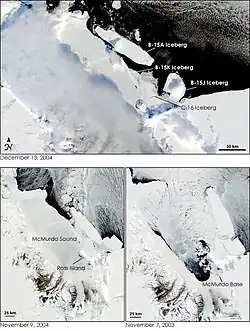 Large icebergs blocked the entrance to McMurdo sound in 2003–2004, keeping it frozen longer that year
