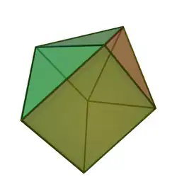 Augmented triangular prism: The result of gluing a triangular prism to a square pyramid, this has six equilateral triangle faces and two square faces. It is also a Johnson solid.[16]