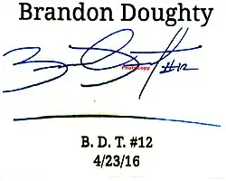 Consists of signature (autograph) of Brandon Doughty, his name in print written above it, and the date (4/23/16) written in print, below it.