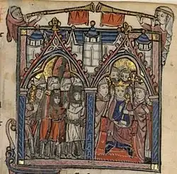 Two bishops place a crown on the head of a man sitting on a throne