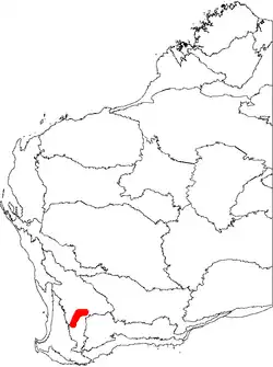 A map of the biogeographic regions of Western Australia, showing the range of Banksia cuneata. The map shows a continuous distribution in the southern half of the Avon Wheatbelt, shaped somewhat like an upright boomerang.