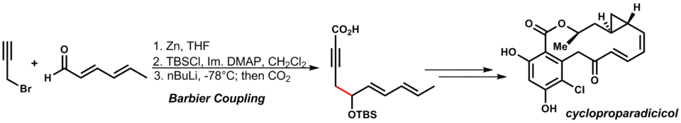 Samuel Danashefskey's total synthesis of cycloproparadiciciol utilizes an early stage Barbier reaction to access the key intermediate