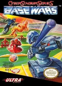 The cover art for the game features a stylized baseball field with one robot pitching, one batting, two fielding, and two fighting; the title says "Cyber Stadium Series Base Wars", and the logo for both Ultra Games and Nintendo are featured in the lower corners, respectively.
