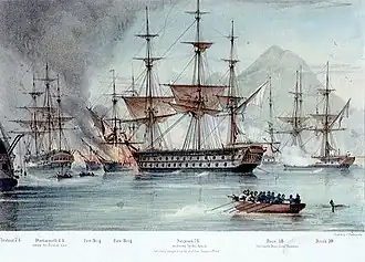 The Battle of Navarino; Scipion (1813) is shown in the centre, entangled with a fireship