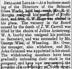newspaper article discussing Belmont Glass Works and withdrawing management