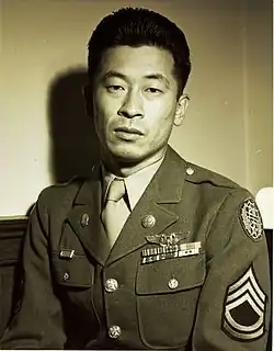 Technical Sergeant Ben Kuroki shown wearing Distinguished Flying Cross (×3), Air Medal with oak leaf clusters (×5) and service medals for World War II service