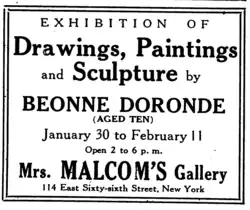 Beonne Boronda's (misspelled) solo exhibition in 1921, at Mrs. Malcom's Gallery in New York City