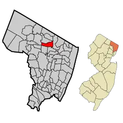 Location of Hillsdale in Bergen County highlighted in red (left). Inset map: Location of Bergen County in New Jersey highlighted in orange (right).