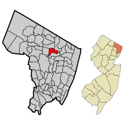 Location of Westwood in Bergen County highlighted in red (left). Inset map: Location of Bergen County in New Jersey highlighted in orange (right).