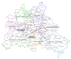 Multicoloured map of Berlin's boroughs and subdivisions