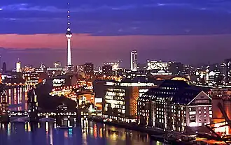 Berlin along the Spree river and the Fernsehturm by night