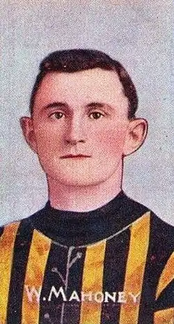 1909 Sniders & Abrahams Standard Cigarettes Australian Footballers (Series D, VFL) cigarette card featuring Richmond player William Mahoney.