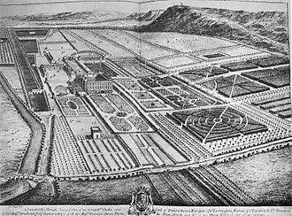 A print of an engraving of a bird's eye view of a country house surrounded by formal gardens with symmetrical areas of planting