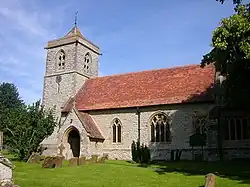 St Michael's Church, Bishop's Itchington, Warwickshire, 1872 by Ewan Christian, stone with Decorated Gothic window tracery and a pyramidal roof to the tower[146]