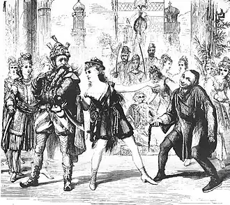 sketch of three principals with chorus behind them; on the left a man with extravagant whiskers, centre a woman imperfectly disguised as a young man, and, right, an actor striking a sardonic pose