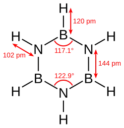 Borazine, a 6-membered inorganic heterocyclic compound (may be aromatic).