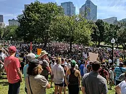 A large group of people stand outdoors in the Boston Common