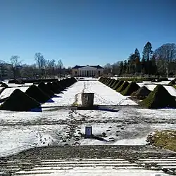 The baroque garden in winter, covered in snow