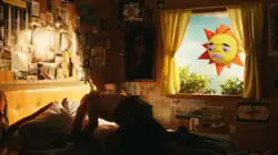 A couple having sex while a cartoon sun frowns out the window.