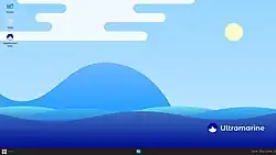 Budgie on Ultramarine Linux 37, showing Budgie v10.7.1 with desktop icons enabled and the Icon Task List moved to the center of the bottom panel.