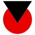 A black triangle overlaps a the upper part of a red circle.