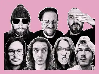 Seven portrait photos collaged onto a pink background.