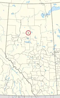 A map of the province of Alberta showing 80 counties and 145 small Indian reserves. One is highlighted with a red circle.