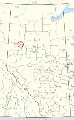 A map of the province of Alberta showing 80 counties and 145 small Indian reserves. One is highlighted with a red circle.