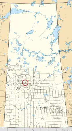 A map of the province of Saskatchewan showing 297 rural municipalities and hundreds of small Indian reserves. One is highlighted with a red circle.