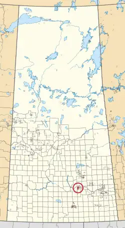 A map of the province of Saskatchewan showing 297 rural municipalities and hundreds of small Indian reserves. One is highlighted with a red circle.