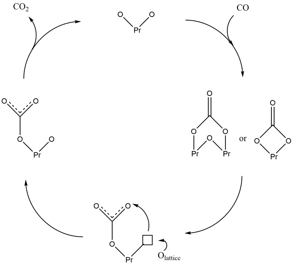 Praseodymium oxide-catalyzed CO oxidation mechanism