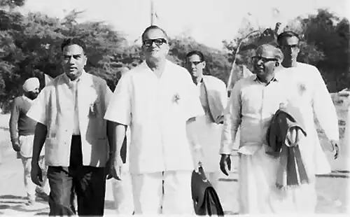 A. K. Gopalan (left), B. T. Ranadive (center), E.M.S. Namboodiripad (right) and H. K. Konar (extreme right) with other leaders in Kolkata, 1966