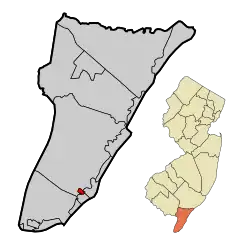 Location of West Wildwood in Cape May County highlighted in red (left). Inset map: Location of Cape May County in New Jersey highlighted in orange (right).
