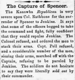 old newspaper article saying Jenkins captured Spencer and Union troops shamefully surrendered without a fight