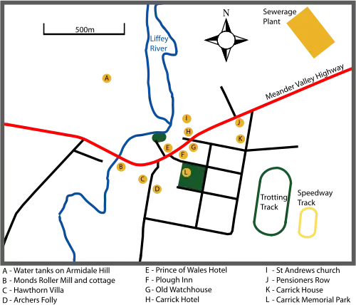 Town map showing some landmarks and historic buildings