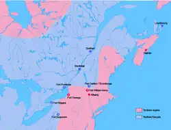 Map showing location of fighting in the French and Indian War