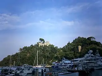 Stone castle on a hill overlooking Portofino port