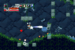A man fires a powerful gun at several blue marshmallow-shaped enemies.