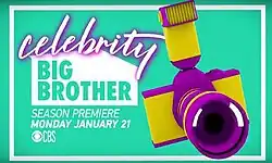 The words "Big Brother" are cut out in block letters from the shape of a house with the word "Celebrity" written above in cursive. Below, the phrases "Season Premiere" and "Monday January 21" are written in all capital letters followed by the CBS Logo