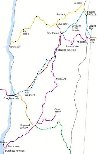 A map of railway lines in the Upper Hudson Valley. The Newburgh, Dutchess and Connecticut Railroad runs diagonally south-southwest to north-northeast.
