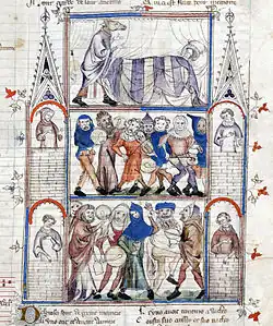 14th century, France. In this illustration from the satirical collection of music and poetry Roman de Fauvel, the horse Fauvel is about to join Vainglory in the bridal bed and the people (dressed as mummers) form a charivari in protest.