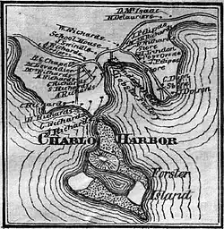 Map of Charlo Harbour (Charlos Cove) made in 1876 by A.F. Church.