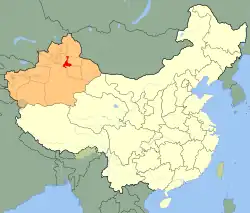Ürümqi City jurisdiction (red) in Xinjiang (orange)