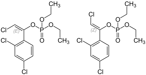 Skeletal formulas of (E)-chlorfenvinphos (left) and (Z)-chlorfenvinphos (right)