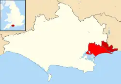 Location of former Christchurch borough (dark red) within Bournemouth, Christchurch and Poole (red)