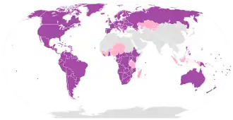 Countries with 50% or more Christians are colored purple; countries with 10% to 50% Christians are colored pink.